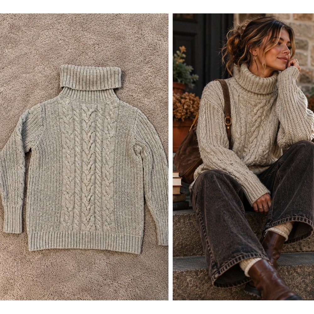 Gap Fisherman Sweater Women M Cable Knit Grey Heritage Preppy Coastal Granola